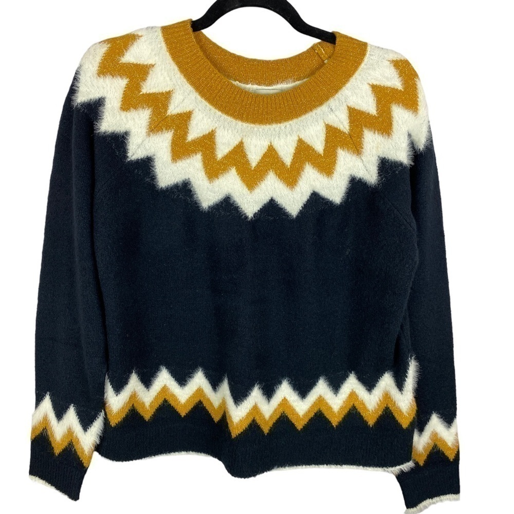 Silverflint Fairisle Soft Cozy Crew Neck Knit Sweater Medium Navy Mustard Yellow - Picture 2 of 12